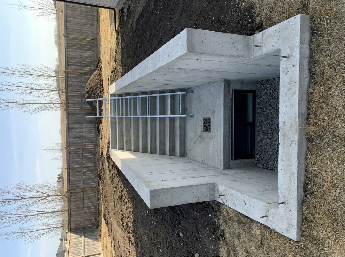 A deep stairwell beside a house with poured concrete retaining walls on both sides, concrete treads down to a landing and a steel ladder rung.