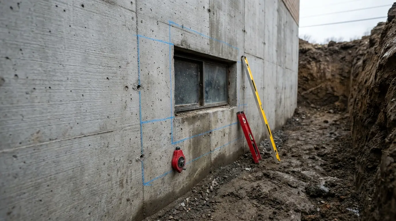 A small old basement window in a concrete foundation wall with a much larger rectangle chalked around it on the concrete, ready to be cut out.