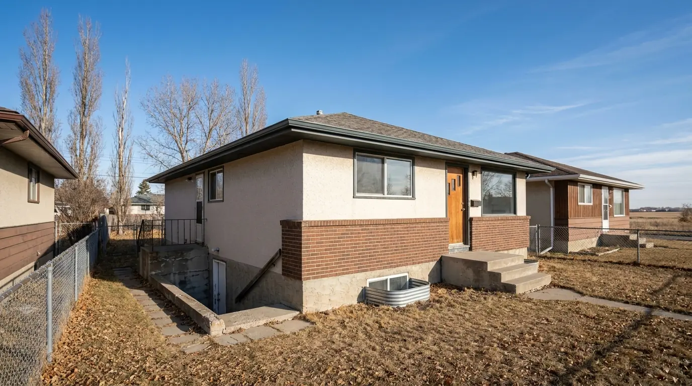 A 1950s Calgary bungalow seen from the side yard, with a separate below-grade entrance beside the front steps and a small window well in the lawn.