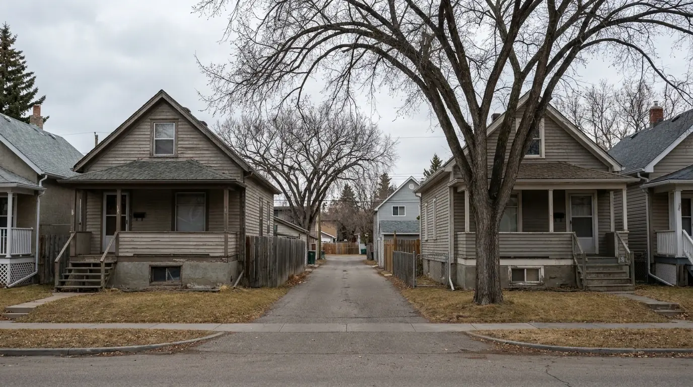 A row of small pre-war wood cottages on narrow inner-city Calgary lots, each on a low concrete foundation with small basement windows.