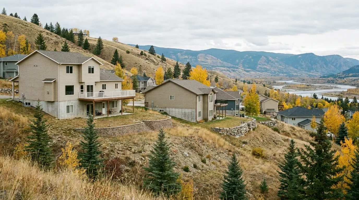 Cochrane houses built into a steep hillside above the Bow River valley, set at stepped levels with tall exposed foundation walls on the downhill side.