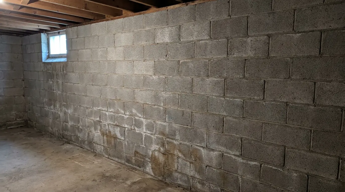 An unfinished basement wall of grey concrete blocks in running bond, with visible mortar joints, a bare concrete floor and joists overhead.