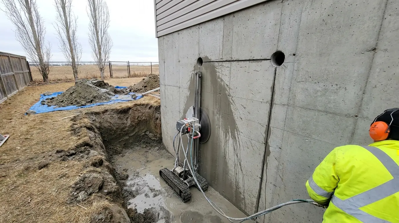 A track-mounted diamond wall saw cutting a vertical line down a poured concrete foundation wall, with slurry running down into the excavated trench.