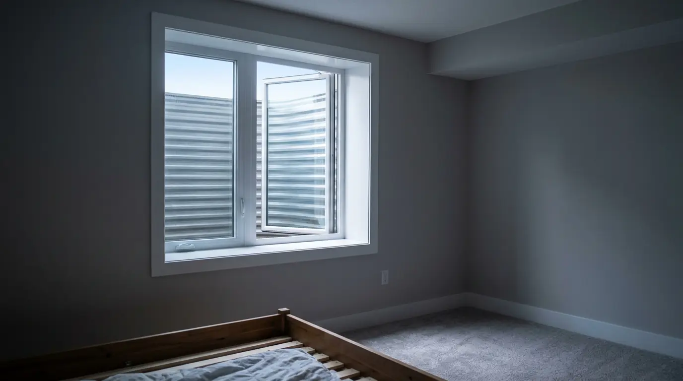 A finished basement bedroom with grey carpet, lit by daylight through a large white casement window set high in the wall.
