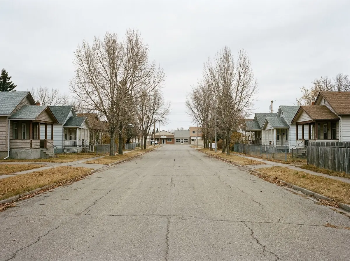 A quiet older street of small wood-frame houses with front porches and mature trees in the original core of Okotoks, close to the town main street.