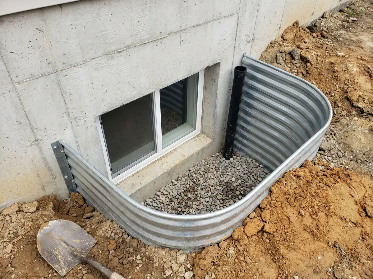 A corrugated galvanized window well against a concrete foundation, with washed stone in the base and a perforated drain pipe running down through the rock.